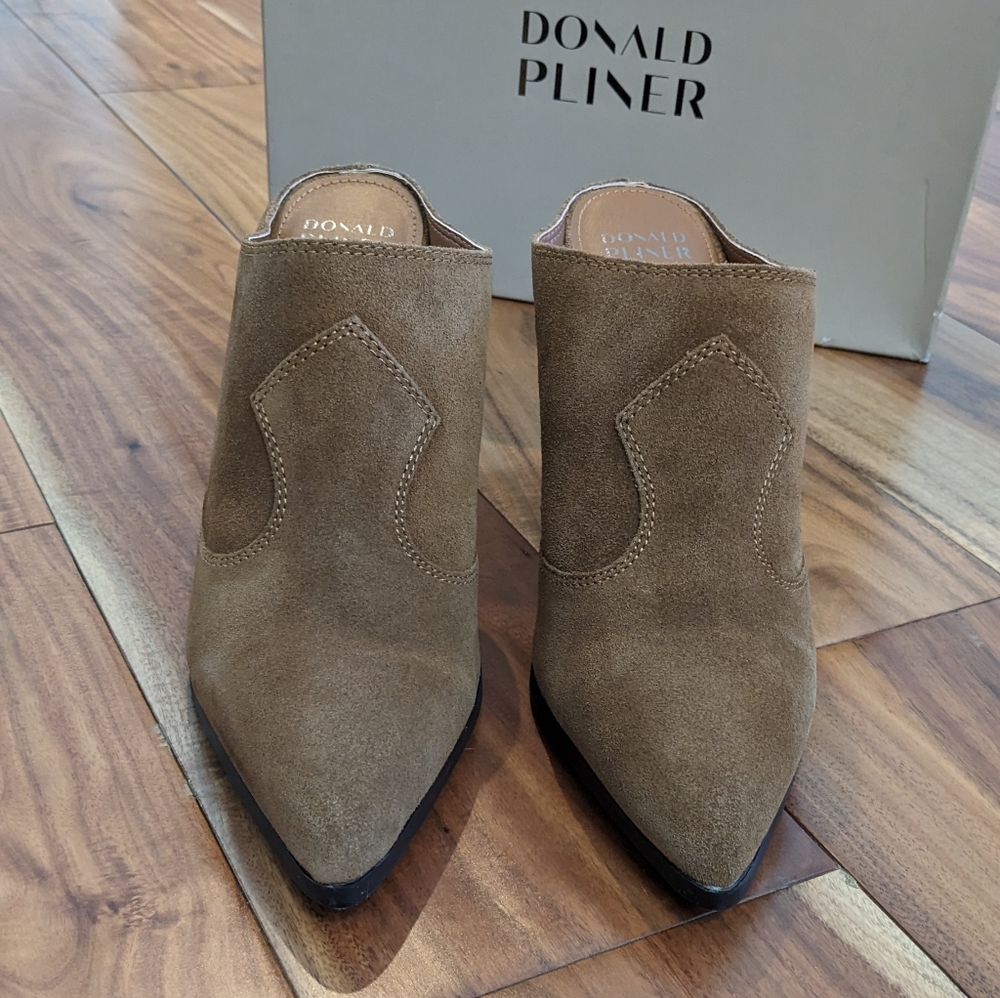 Donald J. Pliner Taupe Suede Block Heel Mules - Picture 3 of 9